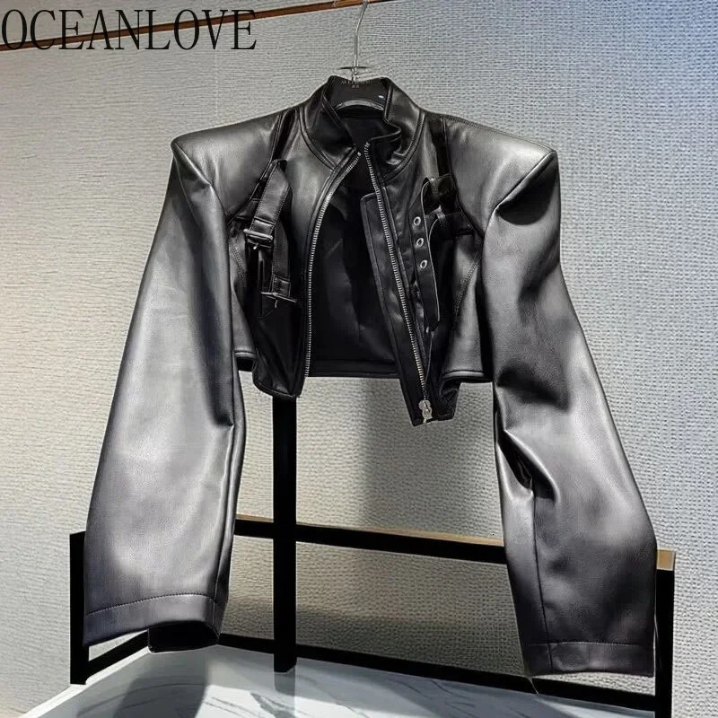 OCEANLOVE Y2k PU Autumn Winter Jackets for Women Streetwear Solid Moto Bilker Style Jackets Ins Fashion Short Womens Clothing 250228