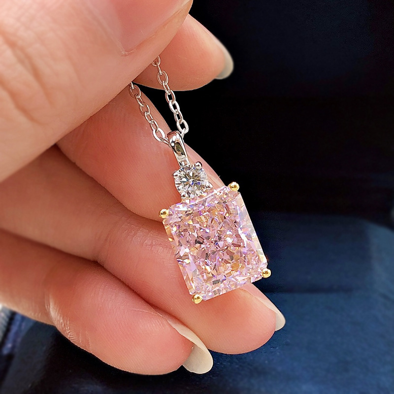 2025 Sparkling Square Pendant Luxury Jewelry Real 100% 925 Sterling Silver Radiant Cut 10*12mm Pink Moissanite Diamond Party Women Wedding Clavicle Ne