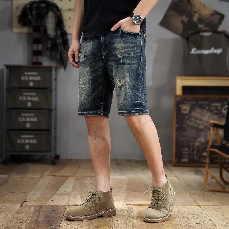 New American washed printed denim shorts mens trend handsome scraping summer Slim straight five pantsT250305