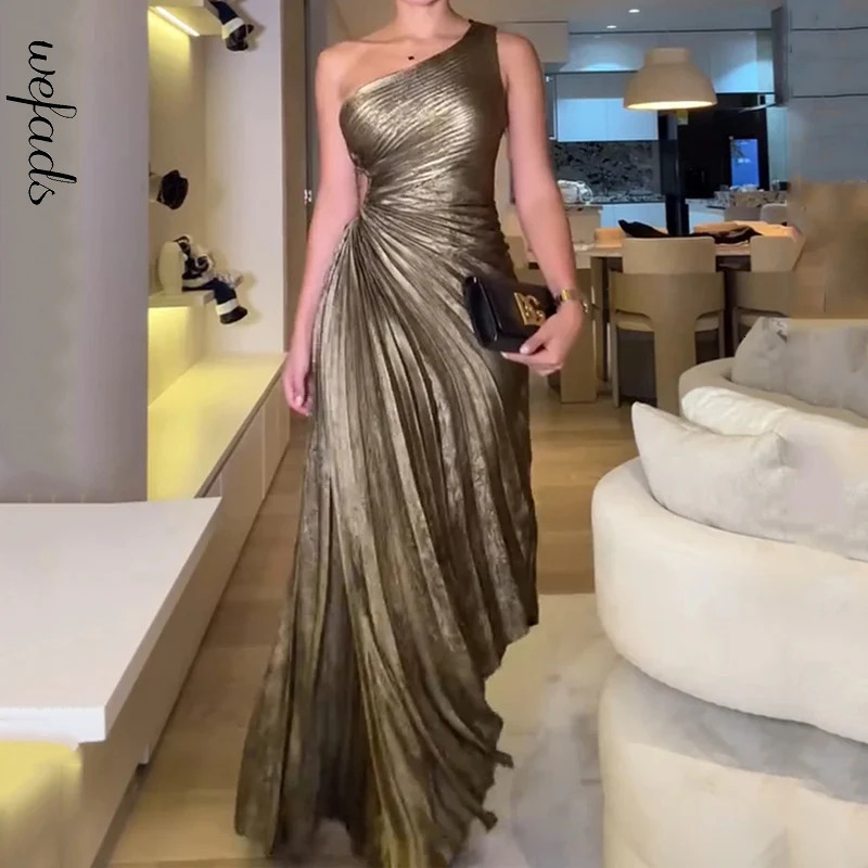 Wefad Midi Dress Summer Fashion Irregular One Shoulder Solid Nipped Waist Hollow Out Pleated Evening Party Dresses 250304