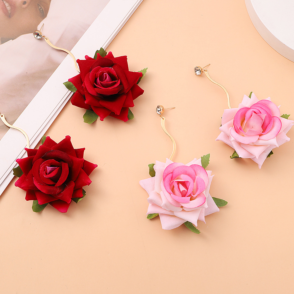 Exaggerated Three-Dimensional Rose Fabric Flower Earrings for Spring & Summer