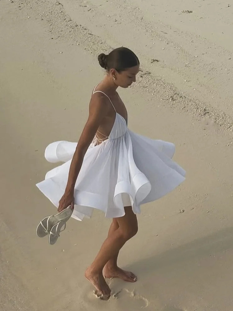 Elegant Chiffon Pleated Off Shoulder Women Sling Dress Fashion Lace Up Backless High Waist Aline Mini Dresses Lady Beach Robes 250305