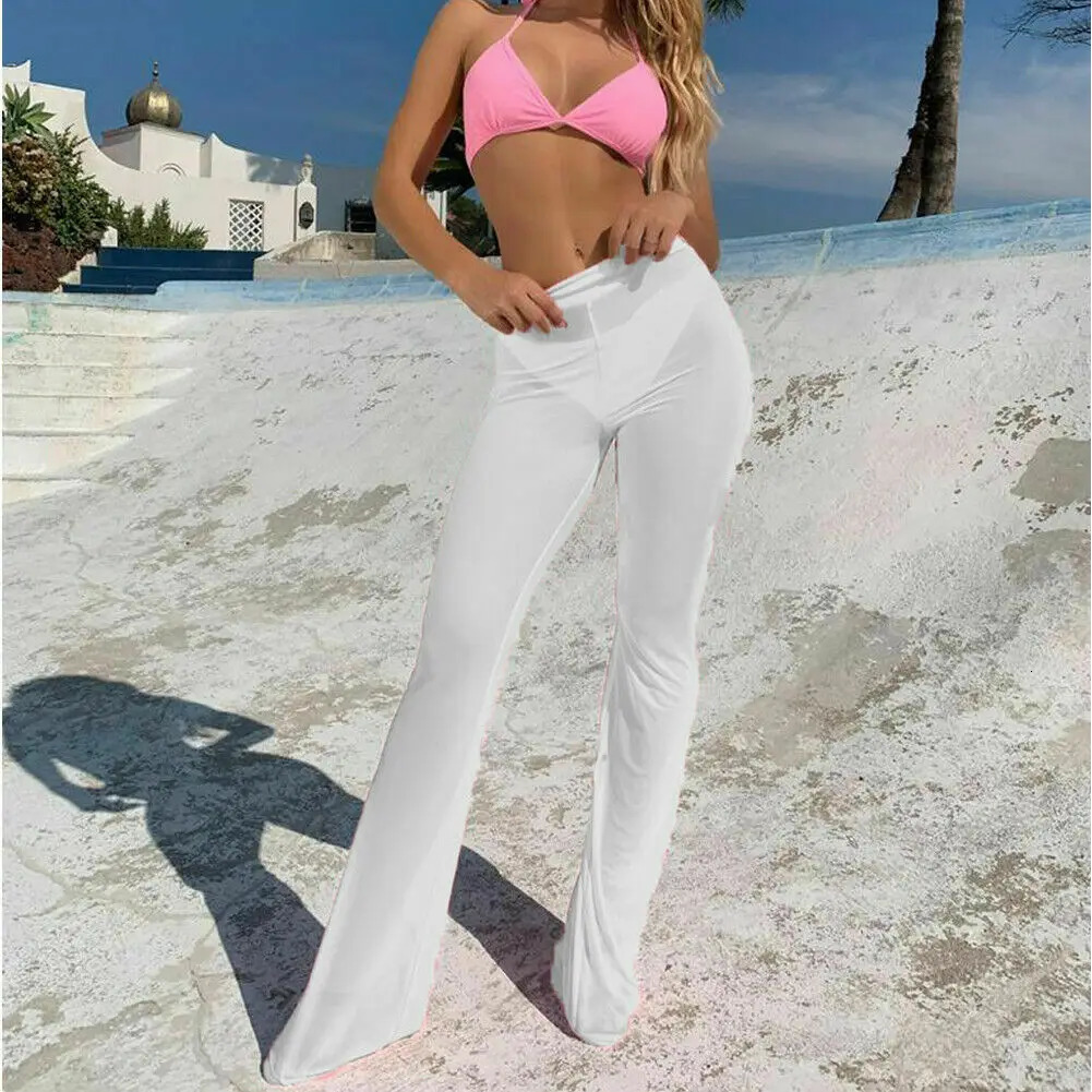 Women Sexy Beach See-through Mesh High Waist Elastic Sheer Wide Leg Pants Trousers Plus Size Bikini Cover Up S-XL 250304