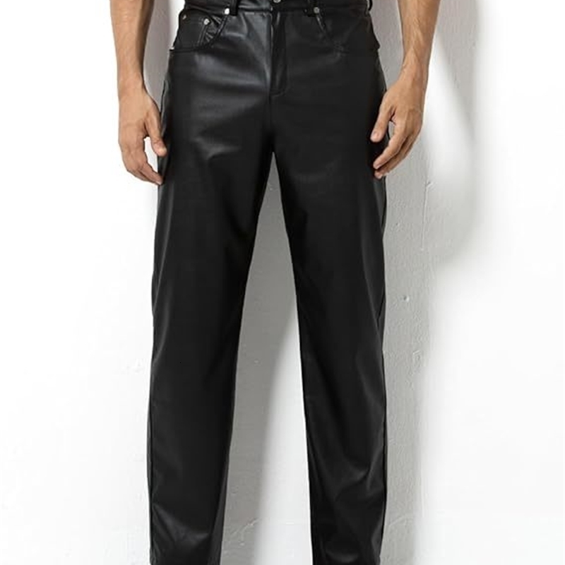 Arjen Kroos Faux Leather Disco Pants for Men Flat Front Straight Leg Casual Trousers 250304