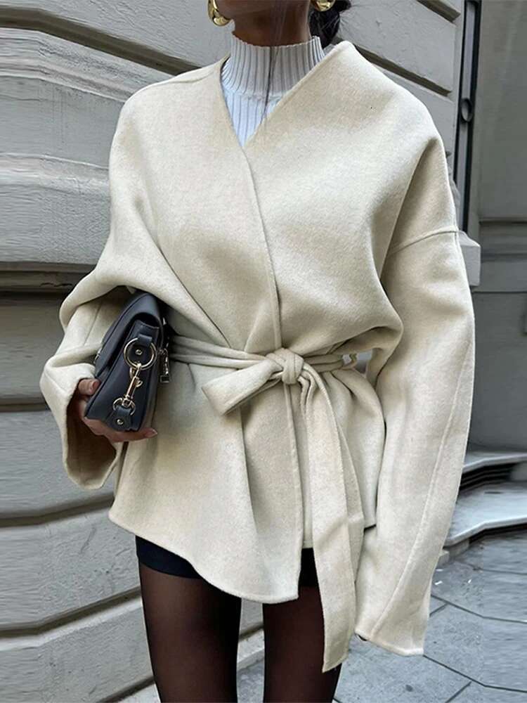 Elegant Woolen Long Sleeve Coat With Belt Women Loose Casual V-Neck Solid Short Overcoat Autumn Vintage Lady Thick Warm Outwear