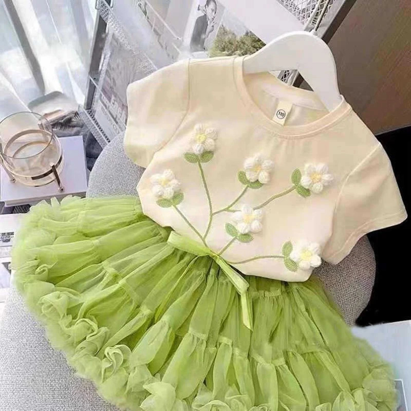 2 3 4 5 6 7 8 Years Girls Clothing Sets Summer Flower Tops And Tutu Skirt Little Princess Baby Suits Birthday Party Kids Clothes 250304
