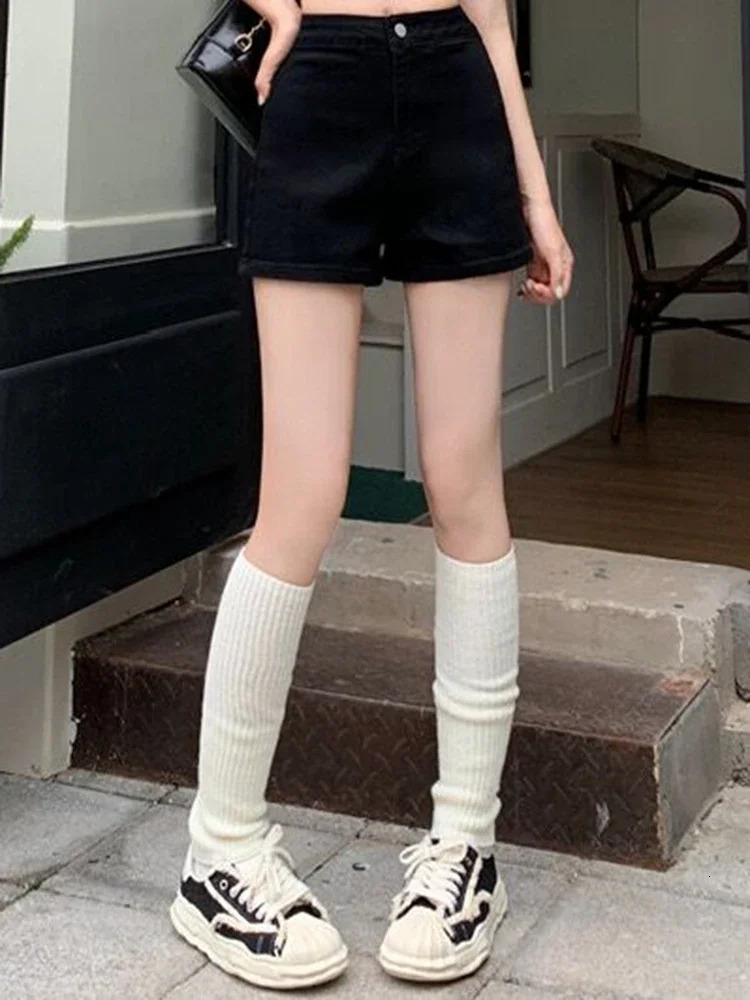 Womens 90s fashion black gothic denim shorts retro high waisted Aline mini Y2k Harajuku Korean Emo 2000s clothing 250304