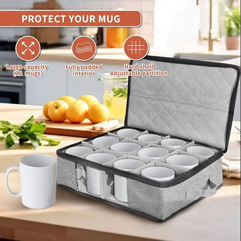 Ship from US Coffee Cup Storage Organizer Mug Boxes with Dividers Stackable Hard Shell China Sturdy Handle 250305FBB