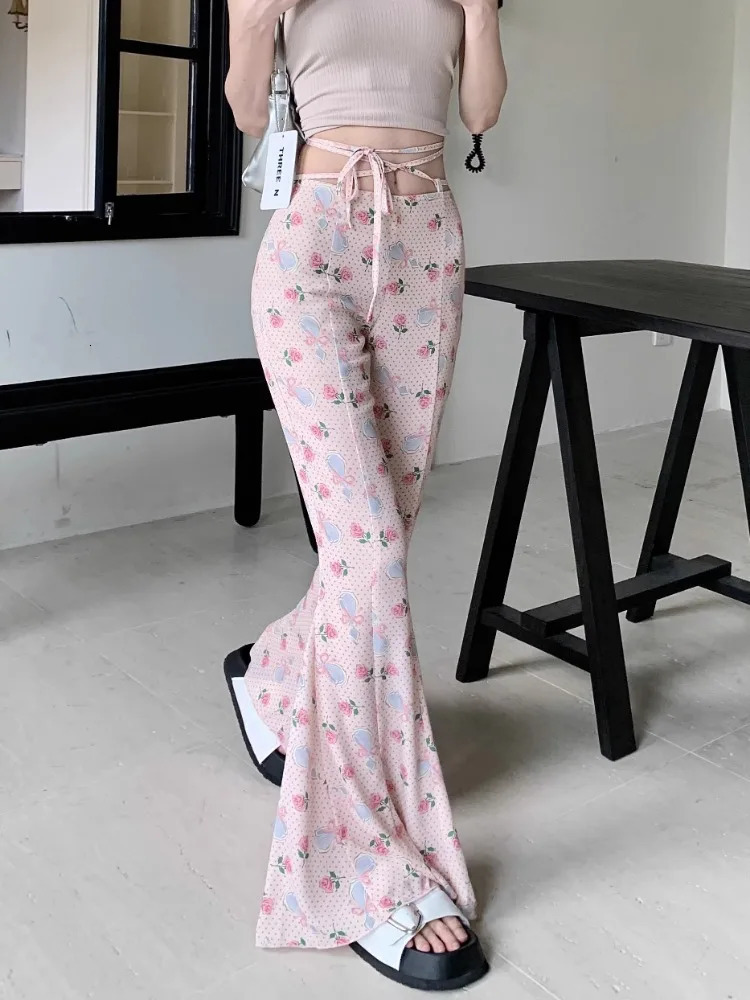 Sweet Floral Print Casual Pants for Women Sumemr Slim Fit Ruffles Flare Y2k E-Girl High Waist Loose Wide Leg 250304