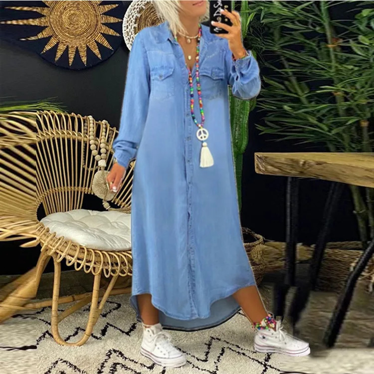Vintage Womens Elegant Shirt Jeans Dress Large Size Turn Down Collar Solid Full Sleeve Loose Plus Long Dresses 250225
