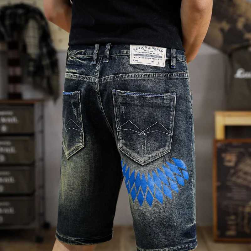 New American washed printed denim shorts mens trend handsome scraping summer Slim straight five pantsT250305