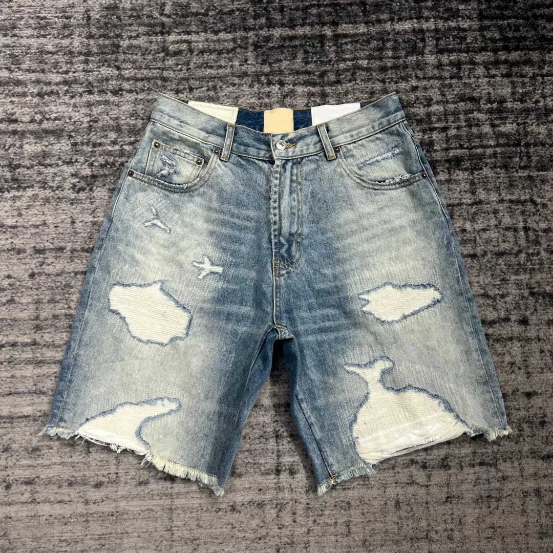 Men Summer Ripped Raw Edge Patch Casual Loose Knee Length Denim Shorts Men High Street Beach JeansT250305