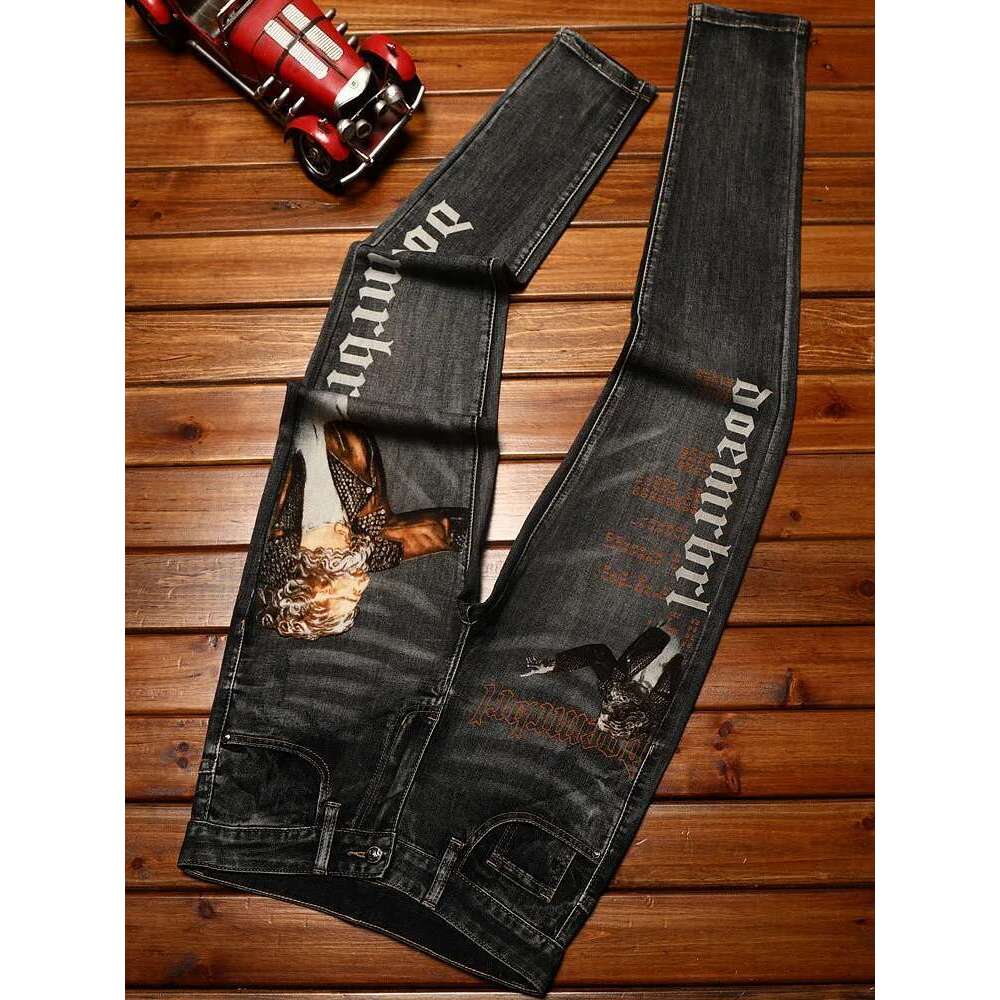 Trendy Printed Jeans For Men's Autumn 2025 Elastic Slim Fit Small Feet Casual Washed Denim Light Pants