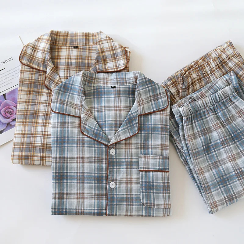 2025 Japanese Mens Pajama Set Spring/Summer Checkered Simple Long sleeved Two Piece Set 100%Cotton Cardigan Home Furnishing 250304