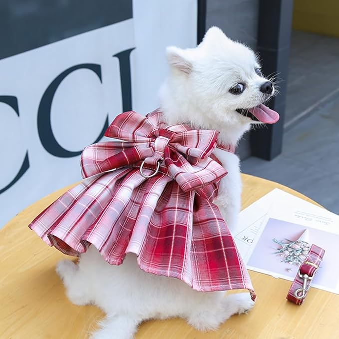 Plaid Dog Dress Bow Tie Harness Leash Set, Dog Harness Dress for Small Cute Dogs Cats Girl, Puppy Yorkie Chihuahua Spring Summer Clothes for Pet Outfi