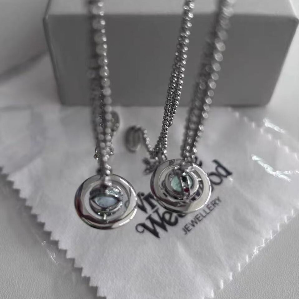 Vivienmes Viviannes Vivienenne Vivvienne Small Queen Mother Mint Green Glacier Blue ORB Saturn Necklace 6mm Planet Pendant Clavicle Chain High westwoods