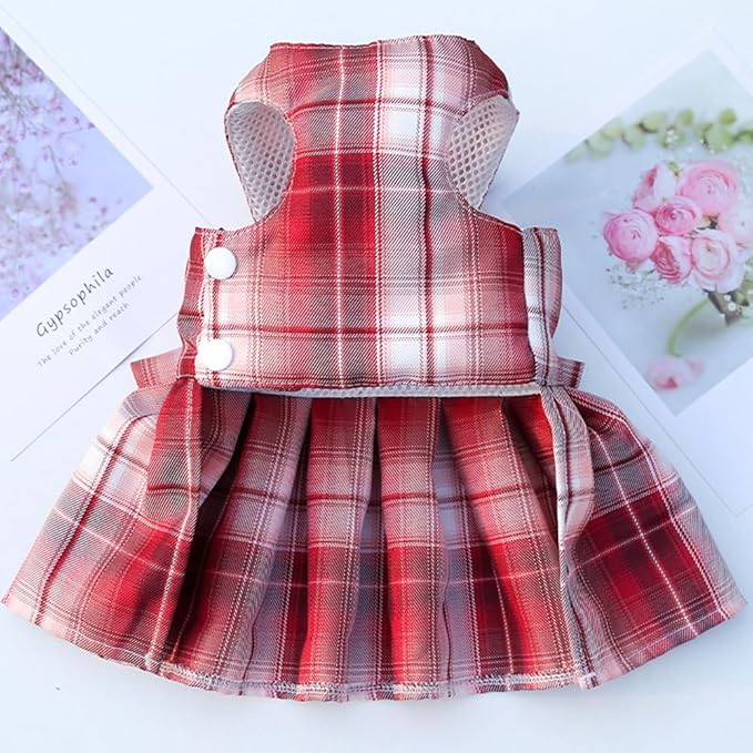 Plaid Dog Dress Bow Tie Harness Leash Set, Dog Harness Dress for Small Cute Dogs Cats Girl, Puppy Yorkie Chihuahua Spring Summer Clothes for Pet Outfi