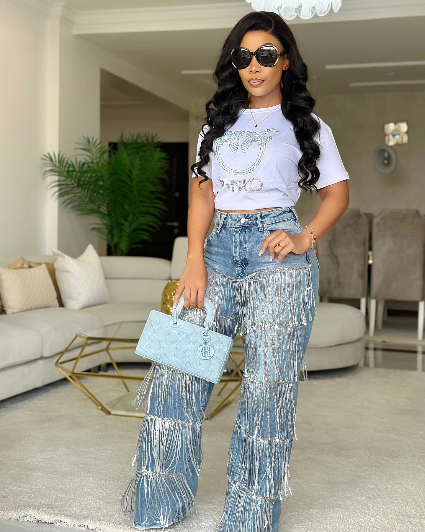 Plus size womens party Sequin tassel evening long autumn and winter contrast color four seasons Straight jeans 240822