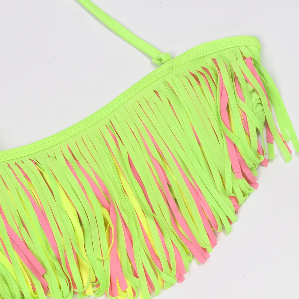 Tassel Girls Kids Swimsuit Swimwear Solid Swimming Suit Children Bandage Bikinis Holiday Beach Baby Biquini Infantil 250304