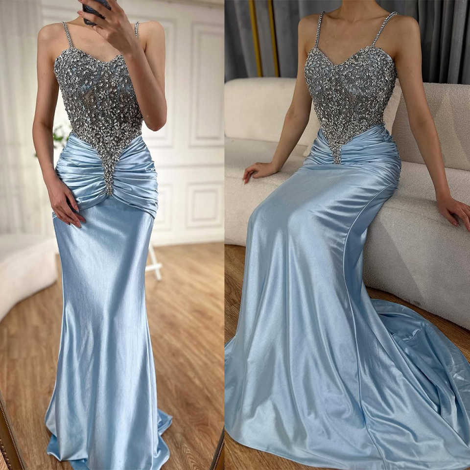Sparkly Mermaid Evening Dresses For Women Spaghetti Strap Sleeveless Gown Crystal Sweep Train Party Customized Dress