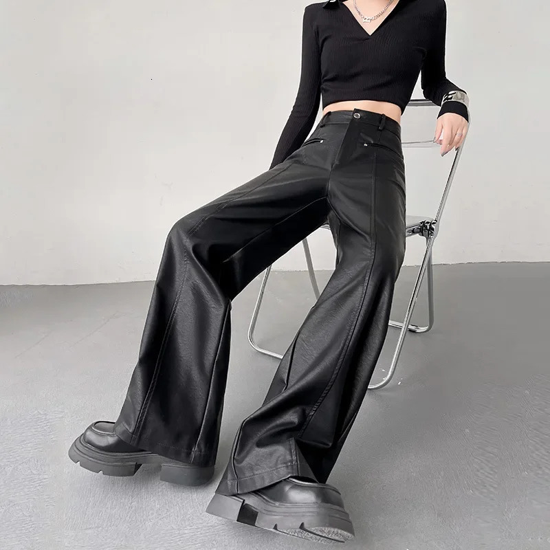 2024 Autumn Winter HighWaisted PU Leather Bootcut Pants StraightLeg Black Casual BellBottom Trousers For Women 250304