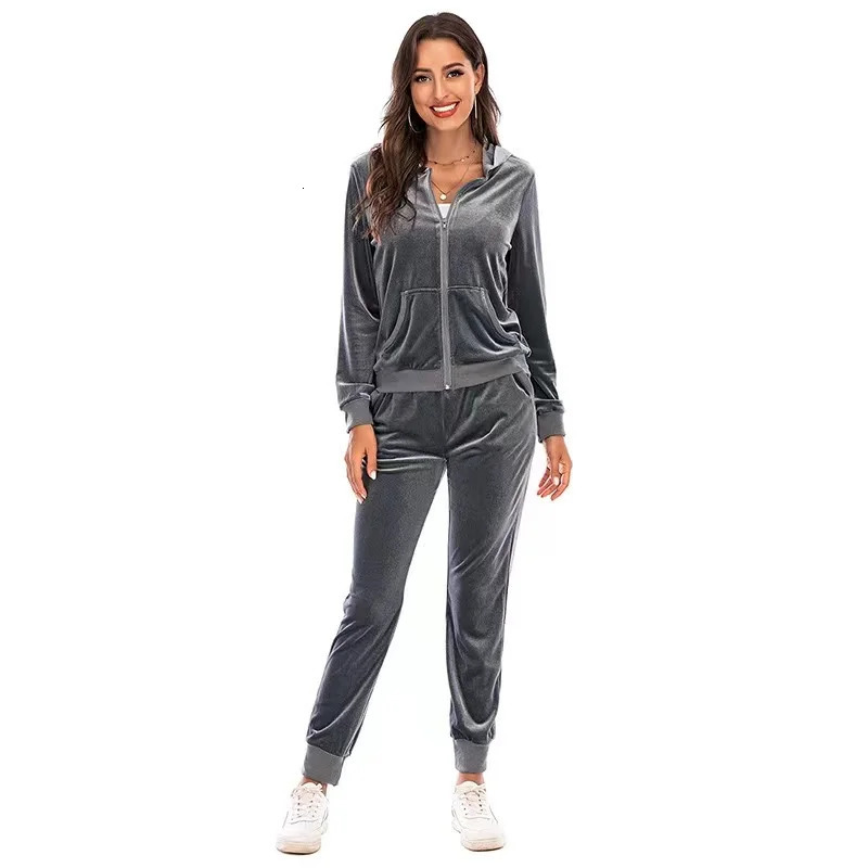 Autumn Velvet Tracksuit Womens 2 Piece Sweatshirt Sweatpants Set Full Zip Hoodie Sweatsuit With Pockets Casual Sportswear 250304