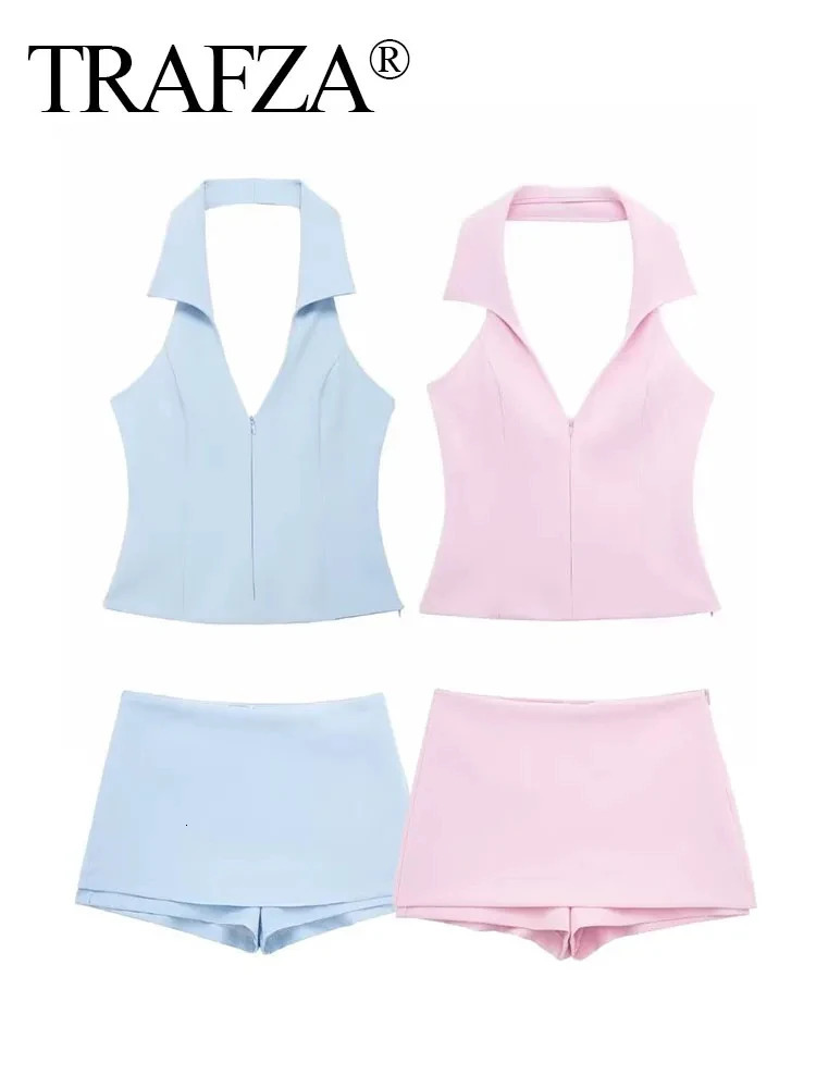 TRAF Women Summer 2 Piece Set High Waist Back Pocket Mini Skirts Shorts Sexy V-Neck Sleeveless Backless Suspender Zipper Top 250228
