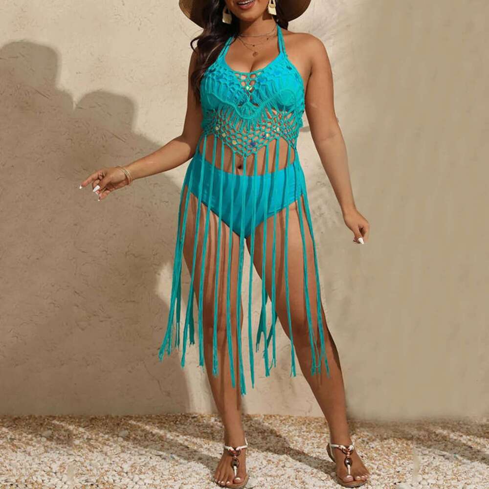 Long Super Tassel Beach Dress For Women Summer Sequin Swimsuit Cover Up Rosered Adjustable Strappy Beachweawr V Neck Hollow Out Km-Ly