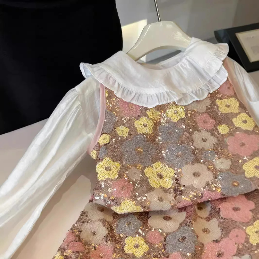 Childrens Sets Girl Summer Baby Causal Vest Short Sleeve Two Pieces Glitter Skirt Sweet Fashion Flower Simple 250304