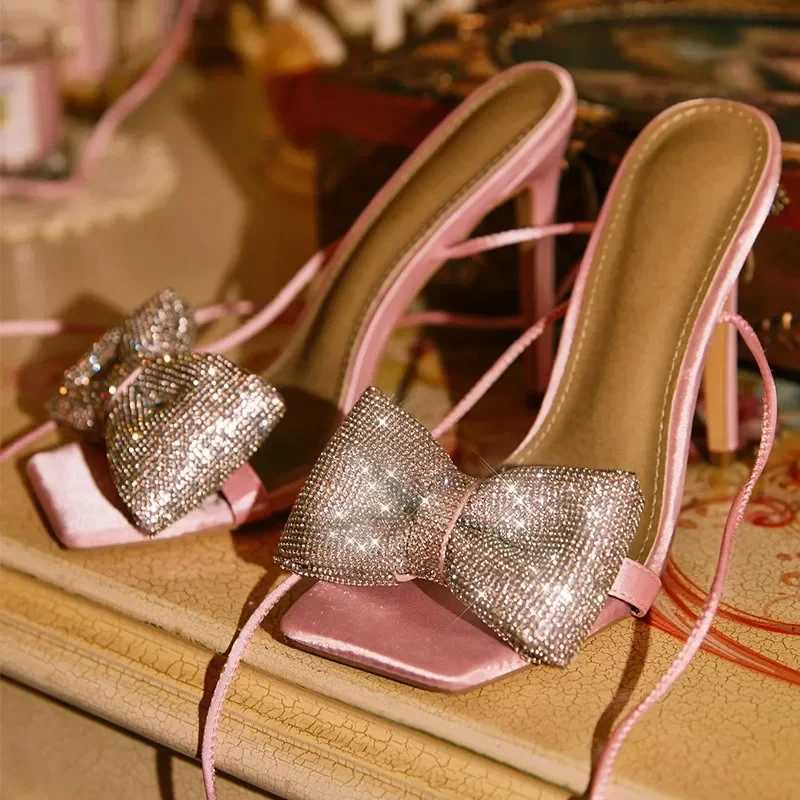 Cross-Tied Designer Fi Crystal Butterfly-knot Women Sandals Pumps Summer Lace-up Square Toe Ladies High Heels Wedding ShoesXJ2500305
