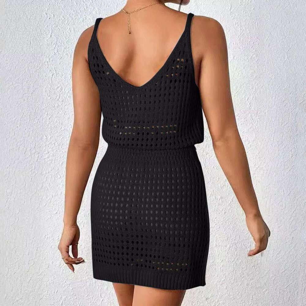 Women 2024 Beach Mini Cover-Up Crochet Dress Swimwear Casual Summer Shoulder Straps Sleeveless Short Cover Up Bikini Swimsuit Km-Ly