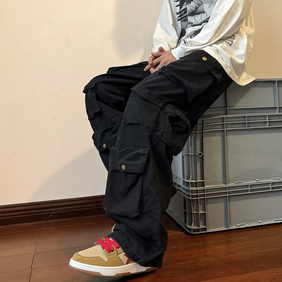 Men Cargo Pants Multi-Pockets Tool Pants Harajuku Mens Vintage Loose Wide Leg Pants Streetwear Casual Hip-Hop Trousers 250304