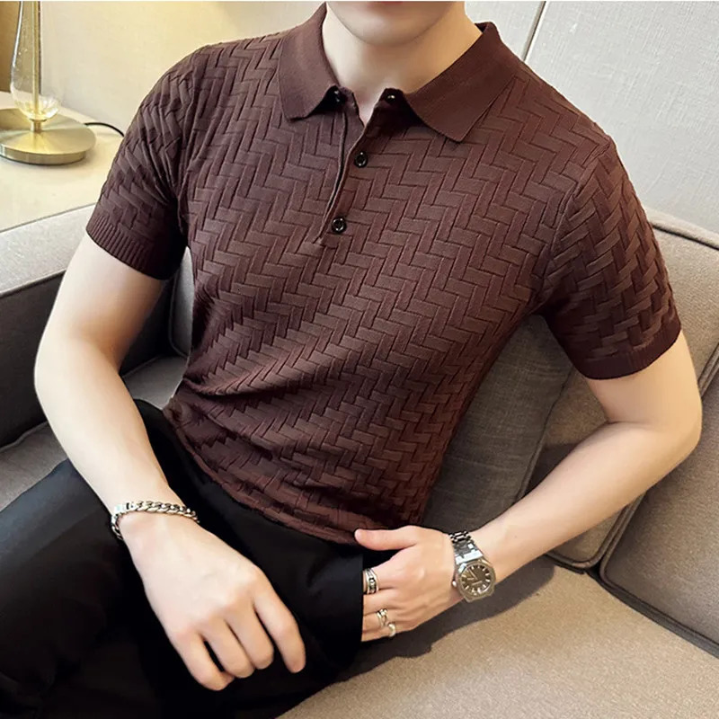 Mens Summer Casual Short Sleeves High Quality Knitted Polo ShirtsMale Slim Fit Ice Silk Plaid Leisure Polo Shirts Tops S-3XL 250304