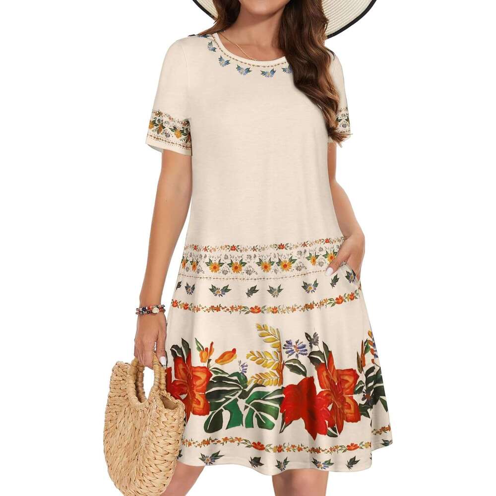 Women's summer dress casual T-shirt short sleeved floral vest skirt beach cover with pockets