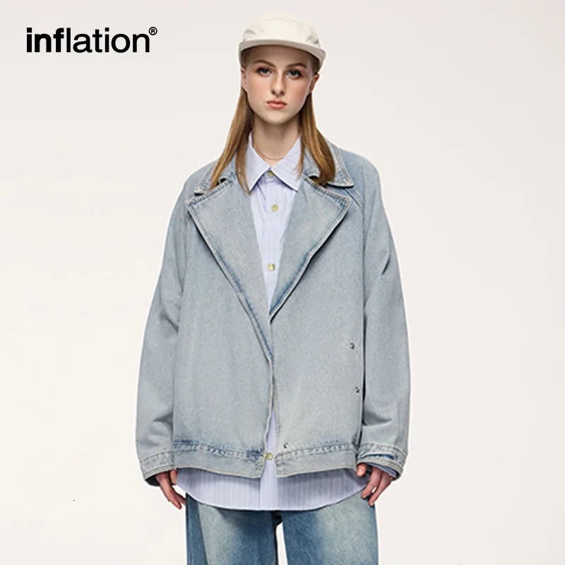 INFLATION Distressed Denim Suit Jacket Unisex Fashionable Loose Fit Casual American Vintage Outerwear Men 250225