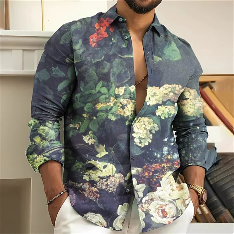 2024 Mens Shirt Floral 3D Printing Vintage Lapel Long Sleeve Outdoor Street Fashion Button Casual Autumn Winter 250227