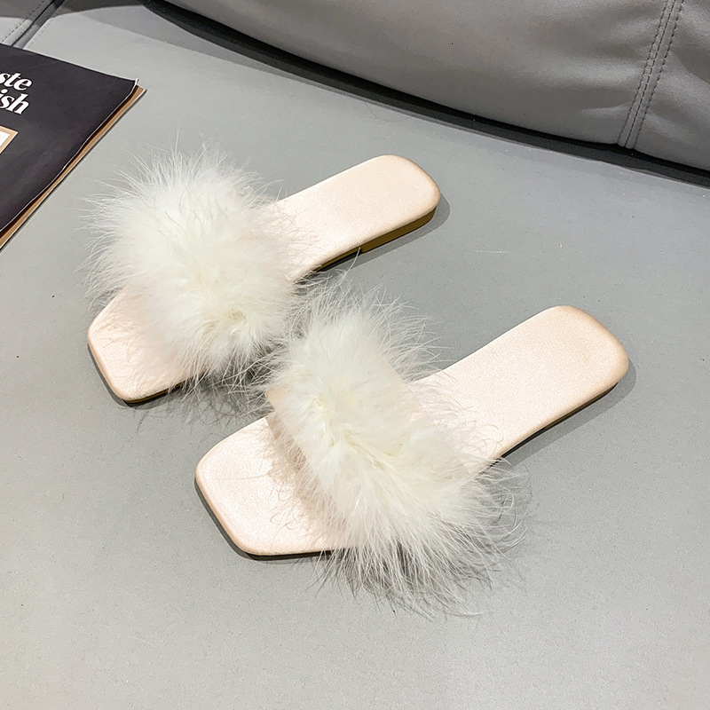 2025 Spring/Summer New Feather Hair Designer Women's Silk Red Slippers Trendy Dress Matching Shoes Trendy Casual Sandals