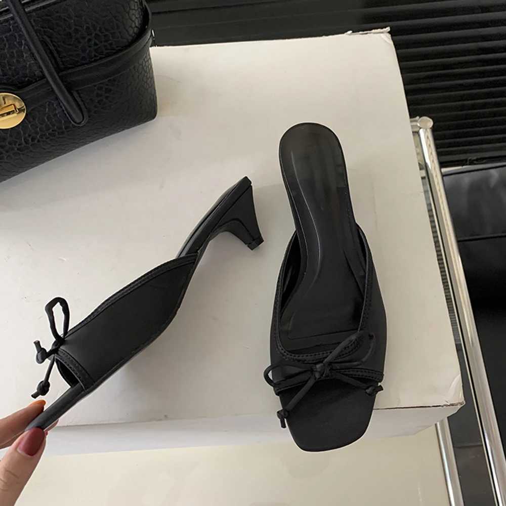 Aneikeh 2025 New Cfortable Low Heel Square Sandals Sweet Bow Silk Thick Heel Slippers for Ladies Outwear Blue Slides Y250304