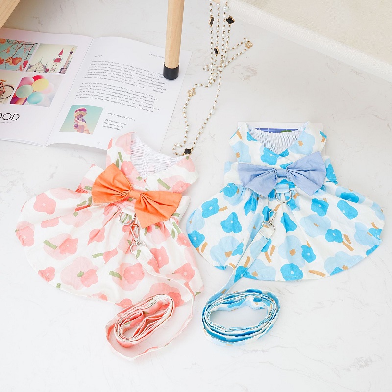 Fashion Dog Princess Dress Dog Harness with Leash Floral Puppy Suspender Skirt Cute Bow Cat Dresses Pet Accessories Dog Clothes