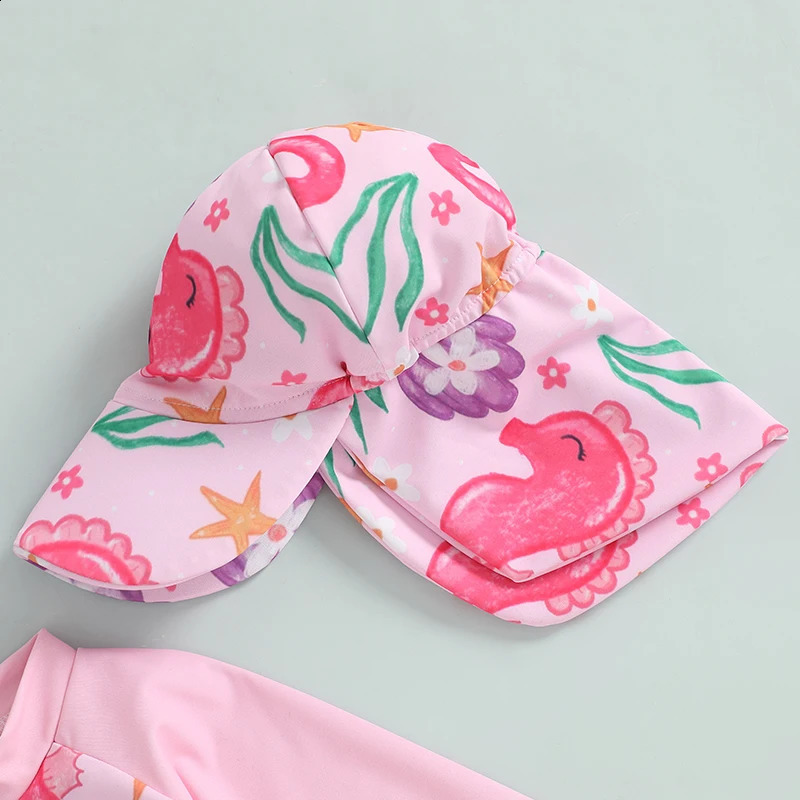Baby Girl Swimsuit Ruffle Sleeve Floral Print Swimwear with UPF 50 Sun Protection and Matching Hat Set 250304
