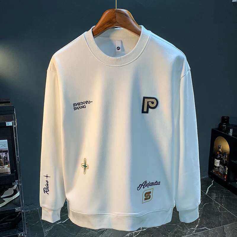 High-End Embroidered Men's Round Neck Sweater 2024 Autumn New Trendy Loose Elastic Long-Sleeved Casual Clothes