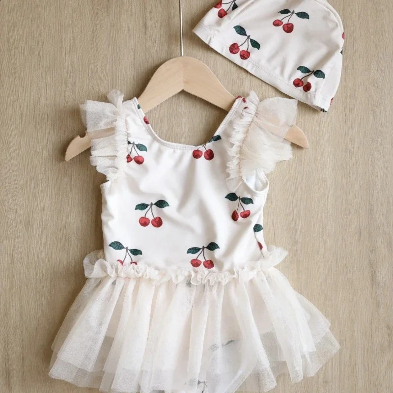 Princess Mesh Swimsuit Baby Girl Swan Cherry Sling Cute Swimming Suit Quick Drying Sun Protection Swim Wear with Cap H8126 250304