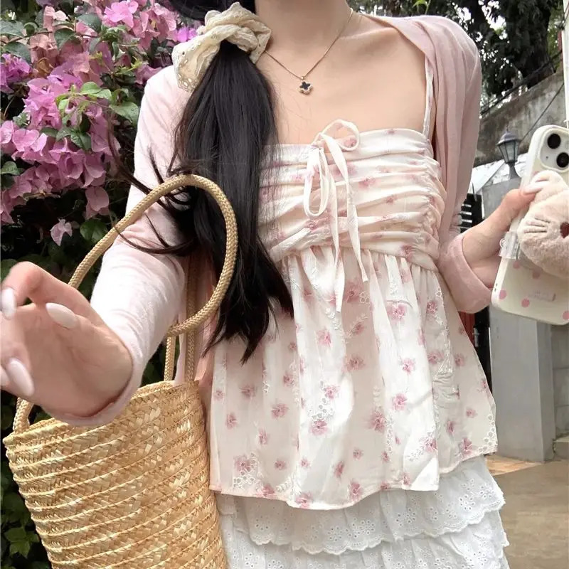 Womens Lace Floral Vest Summer Top Pink front Pleated Spice Girl Pure desire Floral Suspenders Summer Inside Vest 250228