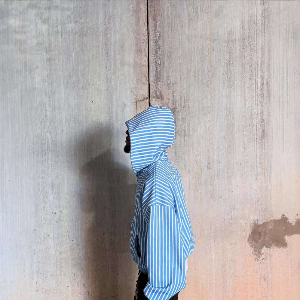 Daily casual commuting shirt striped blue and white paired with unisex letter embroidery versatile hooded sweatshirt