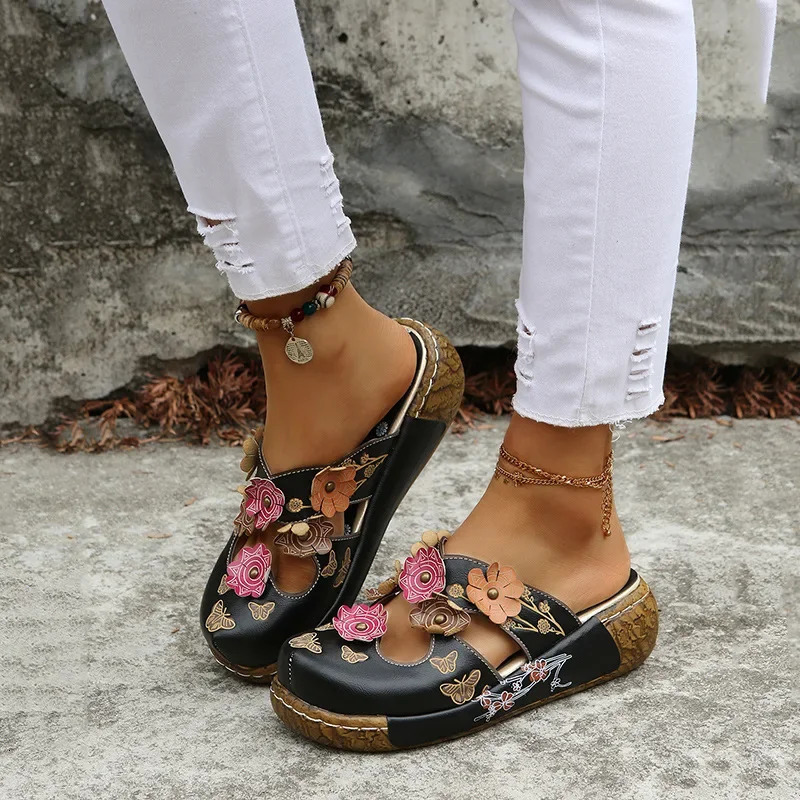 Plus Size 35-43 Shoes for Women Summer Comfortable Roman Flower Platform Sandals Non-slip Baotou Wedge Ladies Slippers 250228