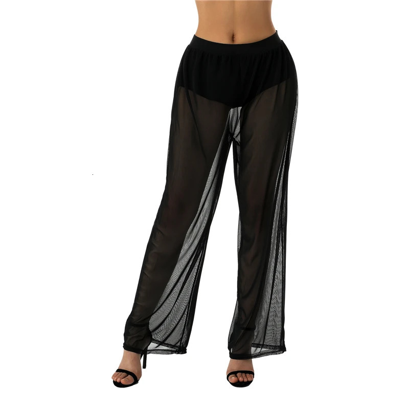 Sexy See-through High Waist Pant Women Long Casual Y2K Straight Trouser Female See Through Wide Leg Long Pants Summer Streetwear 250304