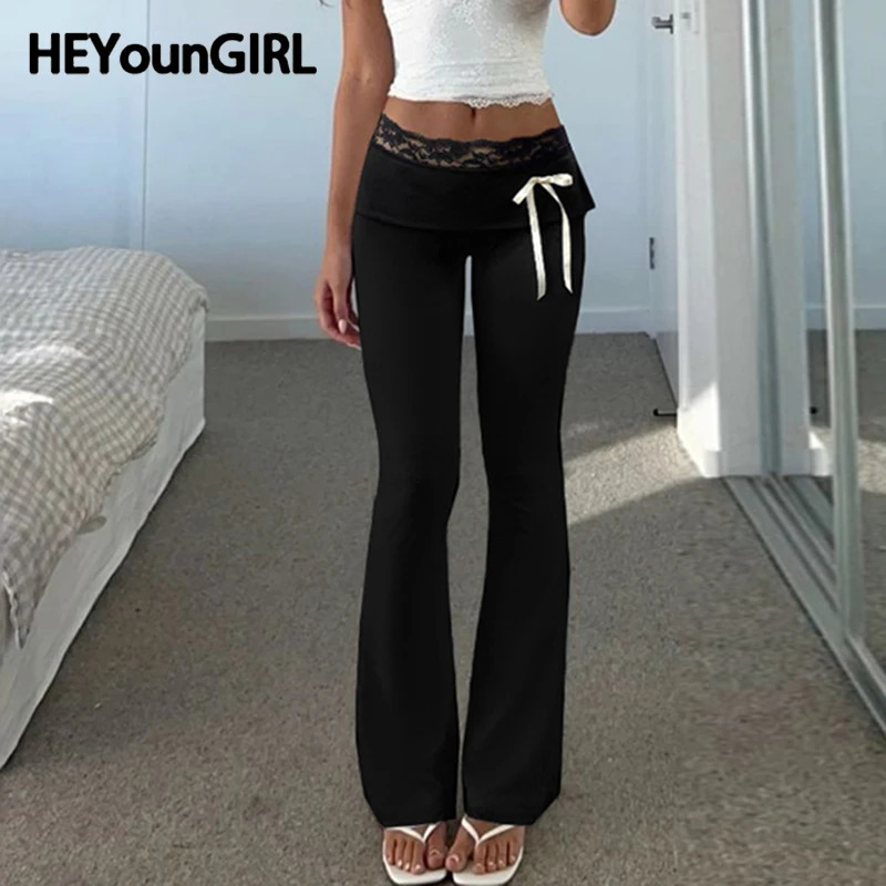 HEYounGIRL Lace Patchwork Bow Detail Low Waisted Flare Pants Fashion Y2K Slim Fit Boot Cut Trousers Black Aesthetic Streetwear 250304