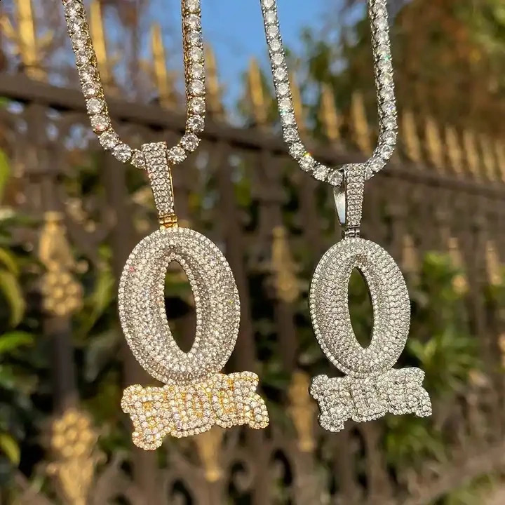 2025 Iced Out Letter Charm Letter O Block Pendant Necklace Bling Cubic Zirconia Punk Styles Hip Hop Men Boy Rope Chain Jewelry 250305