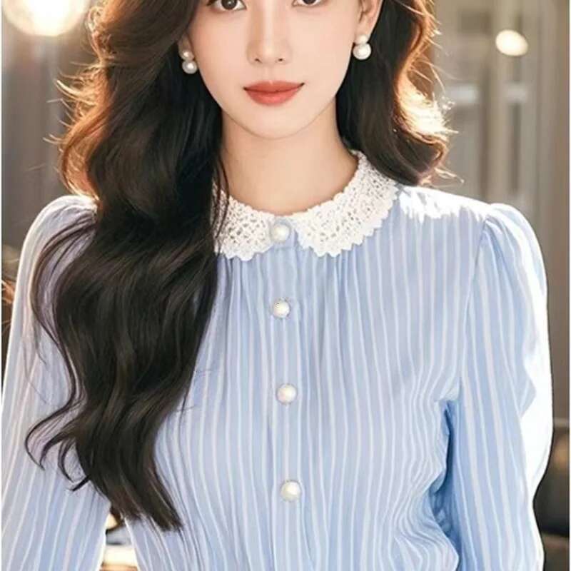 Ladies Spring Summer Temperament A Celebrity Button Striped Peter Pan Collar Women's Shirt Simplicity O-Neck Long Sleeve Top Tee