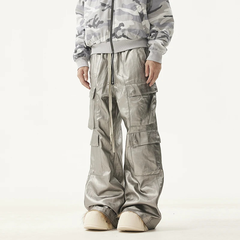 PFNW American Mens Trousers Drawstring Multiple Pockets Matte Coating Silver Stacking Slightly Flared Cargo Pants 28W5487 250304